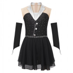 Girls Sparkling Skating Dress Sleeveless Patchwork One Piece with Fingerless Gloves Built in Briefs Performance Costume 5-6 Years must