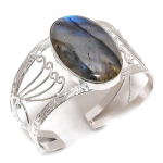 Natural Labradorite Gemstone 925 Sterling Silver Cuff Bangle Adjustable w0t52