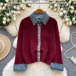 S&uuml;gis Talv Naiste Vintage &Uuml;he n&ouml;&ouml;pidega Denim Plaasterkootud Kampsun Kardigan Mantel One size punane