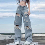 Naiste Rebitud Jean High Street Vintage L&otilde;dvad Jeanid Sirged P&uuml;ksid Kitsad Vabaaja Cowboy Denim P&uuml;ksid Naistele Y2K Streetwear Laiad Jeanid T&uuml;drukud L sinine