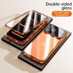 360 alumiiniummetallist kahepoolne klaasist kl&otilde;pslukuga &uuml;mbris iPhone 17 Air 16 15 14 13 12 11 Pro Max Plus jaoks T&auml;ielik objektiivi kaitsega telefoni kate For iPhone 17 oranž