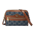 Gucci GG Denim Crossbody kott, Sinine Jacquard Denimm Pruun Nahk&auml;&auml;ris Kuldne Kahekordne G-kujuline Riistvara, Naiste Igap&auml;evane T&ouml;&ouml;le K&auml;imine Reisimine Kaamerakott 517350-2KQGG-8375 Basic Set (Bag+Dust Bag)