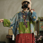 Johnature Naiste Vintage Lapitehnika Kevad Hiina Stiilis Tr&uuml;kitud Lilleline &Uuml;mmarguse Kaelusega Pikkade Varrukatega Naiste T-s&auml;rgid One Size