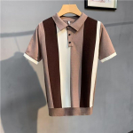 Suvine Meeste Polo S&auml;rk Vintage Triibuline Unikaalne Lukuga Poolvarrukaga J&auml;&auml;siid Kootud Top Vabaaja T-s&auml;rk M khaki