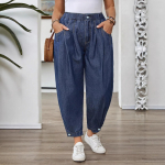 Naiste Suurused K&otilde;rge V&ouml;&ouml;koht Elastne V&ouml;&ouml;koht Harem-teksap&uuml;ksid Vintage Pesu Sinine L&otilde;tv L&uuml;hike Jogger Denim P&uuml;ksid 1XL tumesinine v&auml;rv