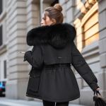 Naiste parkaa Uus mood Naiste talvejakk Kunstkarusnahast krae &Uuml;lem&otilde;&otilde;duline pikk mantel Kapuutsiga Soe vooder Naiste p&uuml;stjope Parkad L must