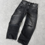 Unisex Pestaud Rebitud Kulunud Teksap&uuml;ksid Naistele ja Meestele Auguga Tikandiga Lai Jalg Ameerika Retro Denim P&uuml;ksid Kottis Punk Streetwear M gray