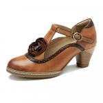 Johnature Retro Pumps naiste kingad ehtsast nahast k&auml;sitsi maalitud vintage lillega Mary Jane k&otilde;rge kontsaga kingad 36 pruun