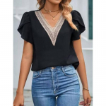 Suvine naiste T-s&auml;rk Kuldne pits V-kaelusega kroonleht varrukas &uuml;hev&auml;rviline T-s&auml;rk Tops S tumesinine v&auml;rv