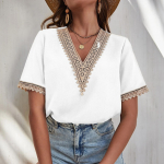 Guipure Lace Panel Pluus Naiste V-kaelusega pits Temperament Commuter lahtine top S valge
