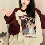 Puuvillane Raglan pikkade varrukatega T-s&auml;rk naiste kevadised lahtised &uuml;lesuurused riided Moebr&auml;nd Cartoon Print &otilde;lakontrast T-s&auml;rgid Top S punane