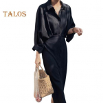 Naiste kevad-s&uuml;giskleit avara rev&auml;&auml;riga &uuml;hev&auml;rviline &uuml;herealine poolitatud &auml;&auml;ris, pehme pikkade varrukatega retro vaba vabaaja plisseeritud maksikleit S must