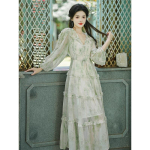 Puhkusestiilis elegantne ja armsa prindiga volangservaga pingutuspael lilleline prantsuse kleit naistele one size roheline