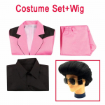 Film Elvis Presley Kost&uuml;&uuml;m Jakk Roosa &Uuml;likond Riietus Meeste Mood Iidol Halloween Karneval Cosplay R&otilde;ivad Parukas L-(Costume+Wig)