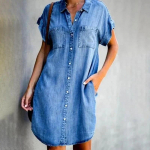 Saabumine Suvine Naiste Denim Kleit L&uuml;hikeste Varrukatega Avarad A-Word Kleidid S V-kaelusega Solid Denim Kleidid S&auml;rkkleit 17139 S