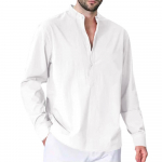 Kevadpuuvillased linased meeste s&auml;rgid Tavalises vormis &auml;ri vabaaja pluus, pikkade varrukatega mandariinikaelus, &uuml;hev&auml;rviline mood n&ouml;&ouml;biga disainiga T-s&auml;rk S valge