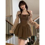 Kontrastv&auml;rvi Korea vibu lapiline naiste kleit, &otilde;huke v&ouml;&ouml;koht, tuunika, magusad kleidid Y2k esteetiline mood Elegantne puhvis varrukas Vestido S pruun