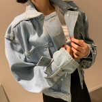 Korea Mood Naiste alla keeratava kraega teksajakk, vaba l&otilde;ikega, puhvvarrukatega, l&uuml;hike jakk, naiselik &scaron;ikk retro teksajakk, &uuml;laosa, pluss suurus One Size helesinine v&auml;rv