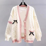 Sweet Bow kootud kardiganid Y2k esteetilised k&otilde;ik sobivad kontrastv&auml;rvi mantlid Mood &uuml;he rinnaga naiste Kawaii JK kampsunid džemprid One Size valge