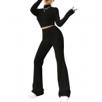 2 tk/komplekt Naiste &uuml;hev&auml;rviline kudumisriietus Kilpkaelusega pikkade varrukatega k&auml;rbitud topid K&otilde;rge v&ouml;&ouml;kohaga laienevad p&uuml;ksid Slim Fit soonikuga talvekomplekt S must