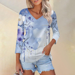 Naiste T-s&auml;rgi T-s&auml;rk 3/4 varrukatega, igap&auml;evane n&auml;dalavahetuse mood, tavaline V-kaelusega topp L sinine