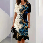 Lady Fashion pikad kleidid Meeldiva kaelusega vabaaja vaba elegantne 3D lilledega tr&uuml;kitud l&uuml;hikeste varrukatega keskmise pikkusega seelikud suveks ja s&uuml;giseks 8XL