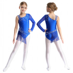 Kid Girl Asymmetric Shoulder Fringed Dance Leotard Rhinestones Figure Skating Rhythmic Gymnastic Tassel Bodysuit Dress Dancewear 11-12 Years