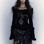 Grunge Aesthetics Kootud topid Vintage Off Shoulder Tattoo Print T-s&auml;rk Wasteland Punk Black Ribbed Tee s&auml;rk Gothic S must