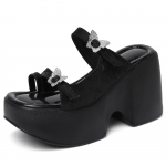 Suvine Prantsuse stiil V&auml;ljas Kitsad 10 CM K&otilde;rged Kontsad Platvorm Peep Toe Liblika Kaunistus Ehtne Nahk Naiste Rooma Sandaalid 33 must