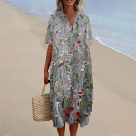 Naiste vabaaja mood V-kaelusega tr&uuml;kimustriga kleit rannaseelik L sinine