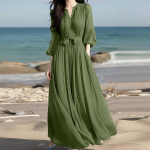 ZANZEA Naiste Vabaaja V-kaelusega 3/4 varrukatega lahtine plisseeritud pikk kleit 5XL khaki