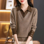 Naiste kevad- ja s&uuml;gisene kraega lahtise l&otilde;ikega pluss suuruses kampsun elegantne ja kaunis lapitehnikas kootud aluss&auml;rk 2XL kohv