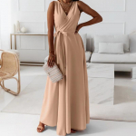 2025 Suvine Paeltega &Uuml;hev&auml;rviline V-kaelusega &Otilde;htune Pikk Kleit Small khaki