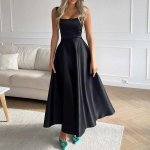 LYRIA Seksikas ruudukujulise kaelusega maksikleit Naiste mood Satiinsiidist v&ouml;&ouml;kohaga peokleit Elegantne &uuml;hev&auml;rviline vihmavarjukleit S must