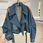 Y2k Topid Harajuku Mood Vintage Mantlid Streetwear Denim Jakid Naistele Patchwork Nahk PU Vabaaja &Uuml;ler&otilde;ivad S sinine