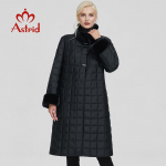 Astrid Women WinterJacket Parkas Long Latticet Solid Windproof Warm Pluss Sizes turndown kraega naiste puuvillane mantel XL must