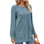 S&uuml;gistalvine elastne ribiga kootud taskuga &uuml;laosa, massiivne vaba vabaaja mullivarrukatega naiste T-s&auml;rk S hall v&auml;rv