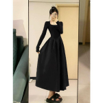 Mustad pikad kleidid naistele Elegantne prantsuse stiil uus kevadine kandiline krae Stiilne temper Vestidos Lihtsad vabaaja vintage daamid S must