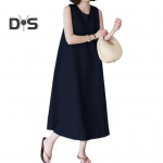 Naiste suvekleit O kaelusega avar A-kujuline varrukateta &uuml;hev&auml;rviline, s&auml;&auml;re keskosa pikkus, pehme hingav vabaaja taskud, suures suuruses naiste midikleit XL tumesinine v&auml;rv