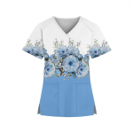 Naiste mood V-kaelusega lilledega tr&uuml;kitud l&uuml;hikeste varrukatega t&ouml;&ouml;riided taskutega topsid L sinine