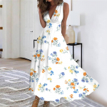 Naiste pikk kleit Maxi kleit vabaaja kleit Suvine vabaaja varrukateta V-kaelusega Boho v&ouml;&ouml;koha tagasit&otilde;mbega kleit tr&uuml;kiga S sinine