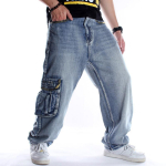 Hip Hopi teksap&uuml;ksid Suurused Sirged L&otilde;dvad Sinised Denim P&uuml;ksid Suurte Taskutega Camouflage Pael Mood Vabaaja Meeste Kotakad Teksap&uuml;ksid 40 42 44 46 30 sinine