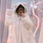 Talvejope Naistele Lolita Fliisvoodriga Paksenenud T&uuml;druk Pehme Kangas Kawaii Kassik&otilde;rvadega M&uuml;ts K&uuml;&uuml;s Armas Palus Valge Jope Nooruslik Parka S valge