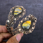 Natural Bumble Bee Jasper Gemstone Copper Wire Wrap Cuff Bangle Adjustable k2z57
