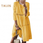 Naiste kleit, pits, &otilde;&otilde;nsad tikandid, kolmveerand varrukad, &uuml;hev&auml;rvilised avara p&otilde;lvepikkusega A-joon avara kaelusega midikleit M helesinine v&auml;rv