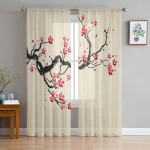 Kirsi&otilde;ite oksa lillega Hiina stiilis l&auml;bipaistvad kardinad elutoa sisustuseks Aknakardinad K&ouml;&ouml;gi t&uuml;llist Voile kardinad W135 x H115cm x1 white