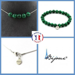 Pierres et Min&eacute;raux. Parure bijoux Bracelet Collier 5 perles Malachite 8 mm. Chaine en Taille personnalisable.