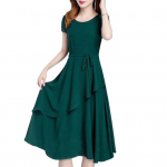 Naiste suvekleit A-l&otilde;ikeline lapitehnikas midi kleit O-kaelusega l&uuml;hikeste varrukatega paeltega kinnitus L roheline