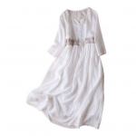 Kevadsuvine kleit tikandiga &uuml;heksanda pikkusega varrukatega lahtine midikleit &uuml;mara kaelusega kerge kleit kontorisse, suvisele ranna- v&otilde;i peo&uuml;ritusele M valge