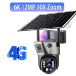 Uus 10x suumiga 4G p&auml;ikeseenergia valvekaamera v&auml;litingimustesse 6K 12MP kolme objektiiviga 360 PTZ juhtmevaba automaatse j&auml;lgimisega turvakaamerad V380 Pro rakendusega 6K Cam 10xZoom